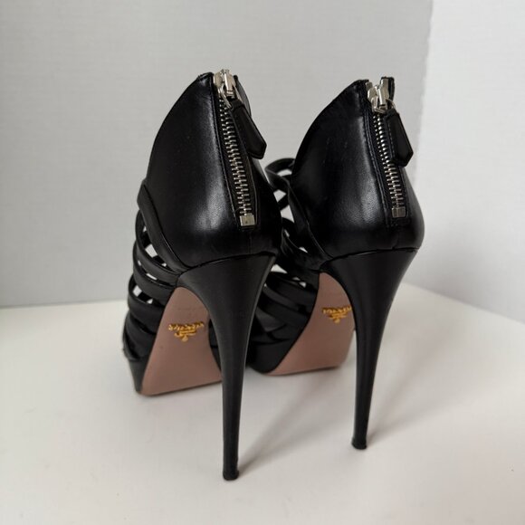 Prada Black Leather Strappy Platform Heels - Picture 4 of 7